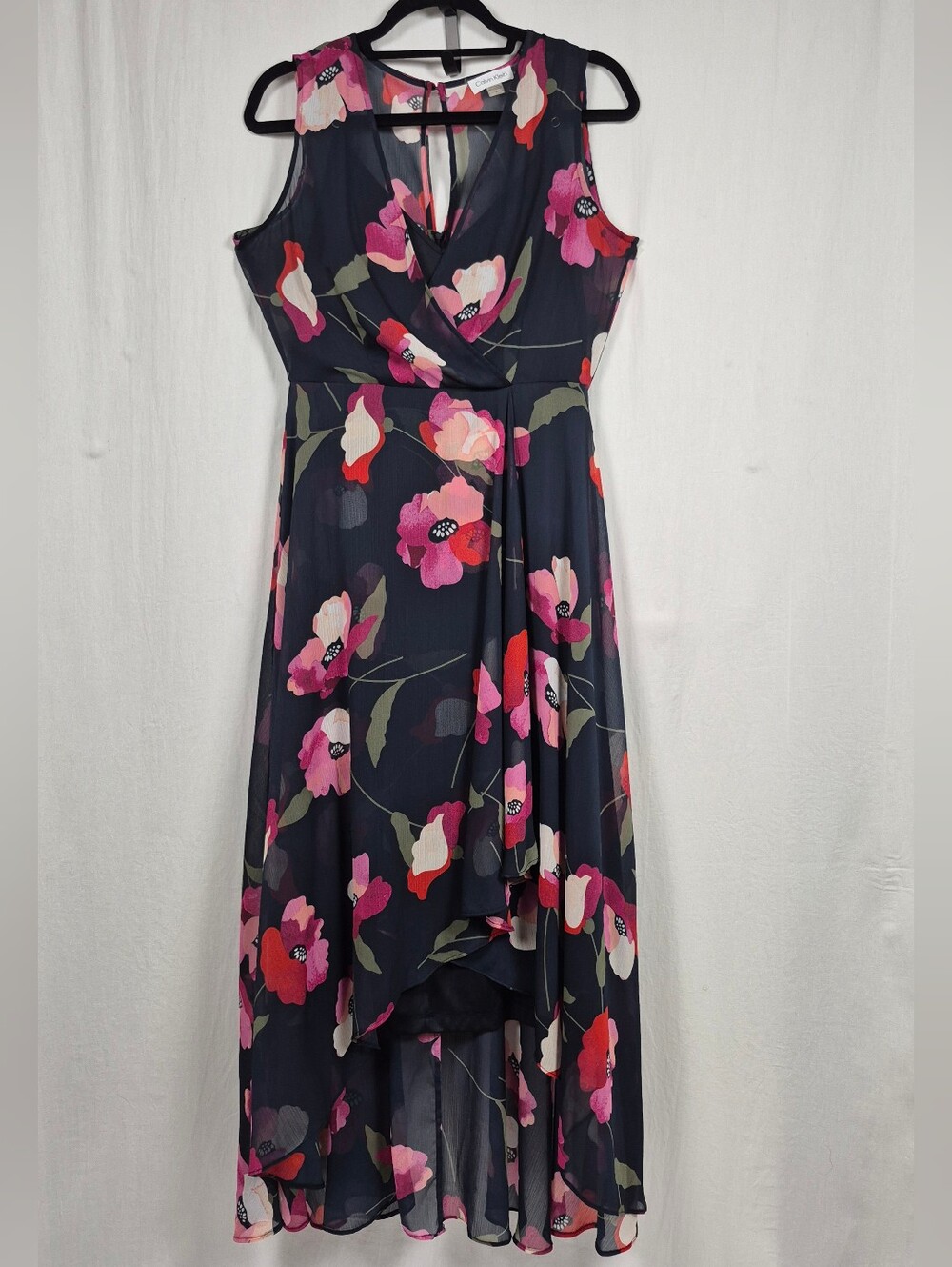 Calvin Klein Floral Maxi Dress Navy Pink Sleeveless Wrap Size 6